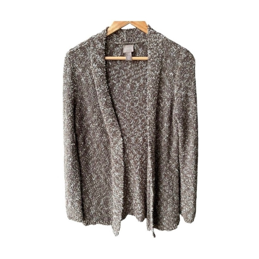 Chicos Cardigan Sweater Top Brown Marled Open Front Size 0 Small Textured Knit